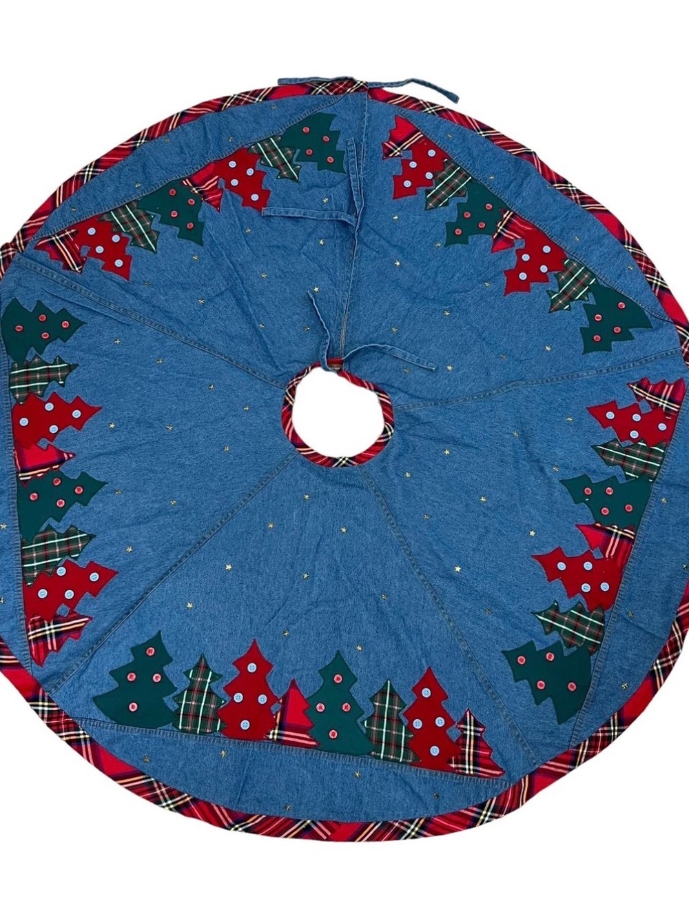 Denim Blue Christmas Tree Skirt Round Plaid Trim Embroidered Applique 22”